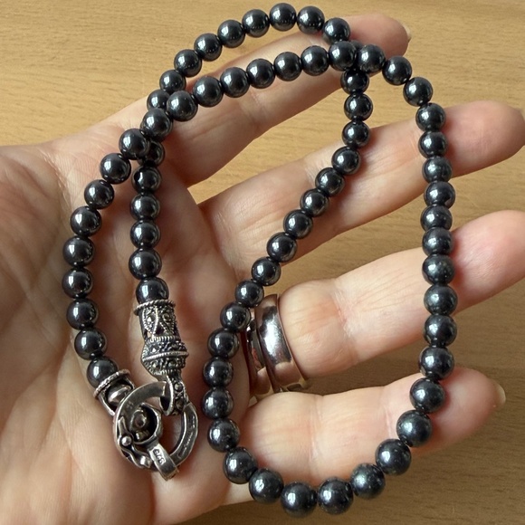 VINTAGE HEMATITE BEADS NECKLACE WITH LARGE 925 STERLING SILVER & MARCASITES LOCK